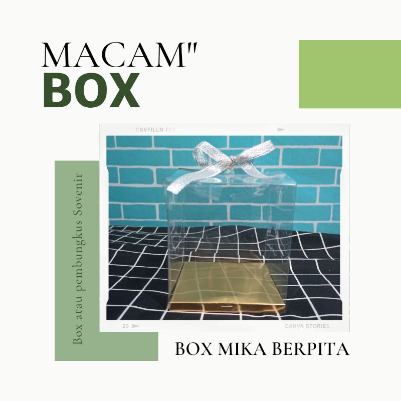

Box mika 10x10x11,5 cm (bening, beralaskan emas dan free pita perak)
