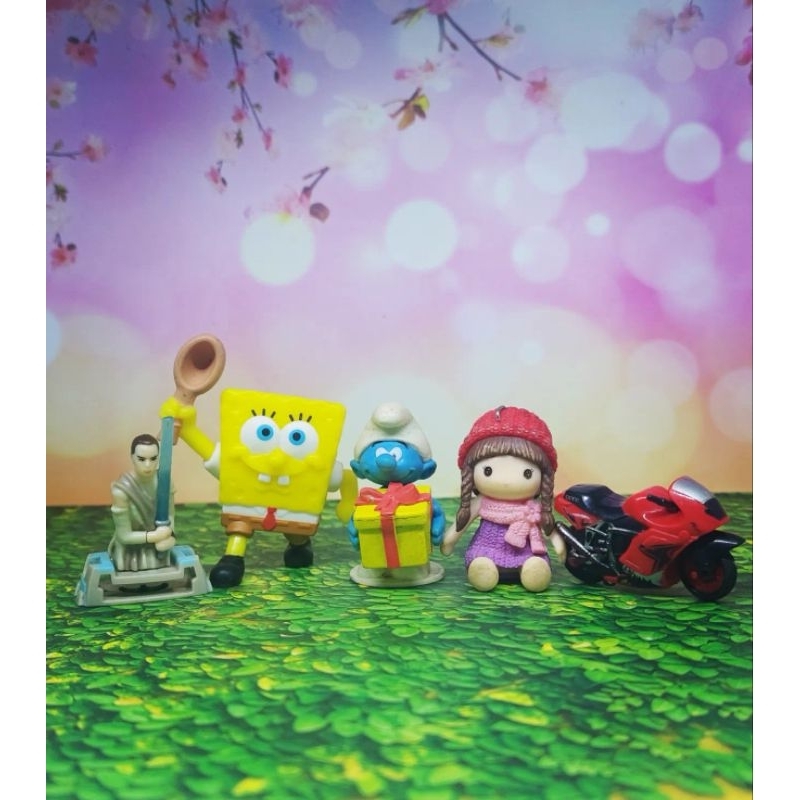 Set 5pcs mini figure mix starwars, spongebob, smurf, anak cewe, motor gp ori mainan happy meal mcd p