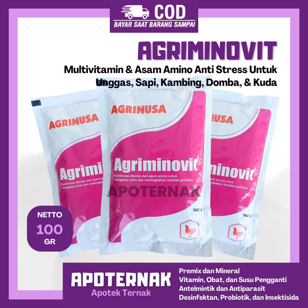 AGRIMINOVIT 100 gr | Multivitamin Asam Amino Untuk Hewan Ternak Sapi Kambing Domba Kuda Unggas