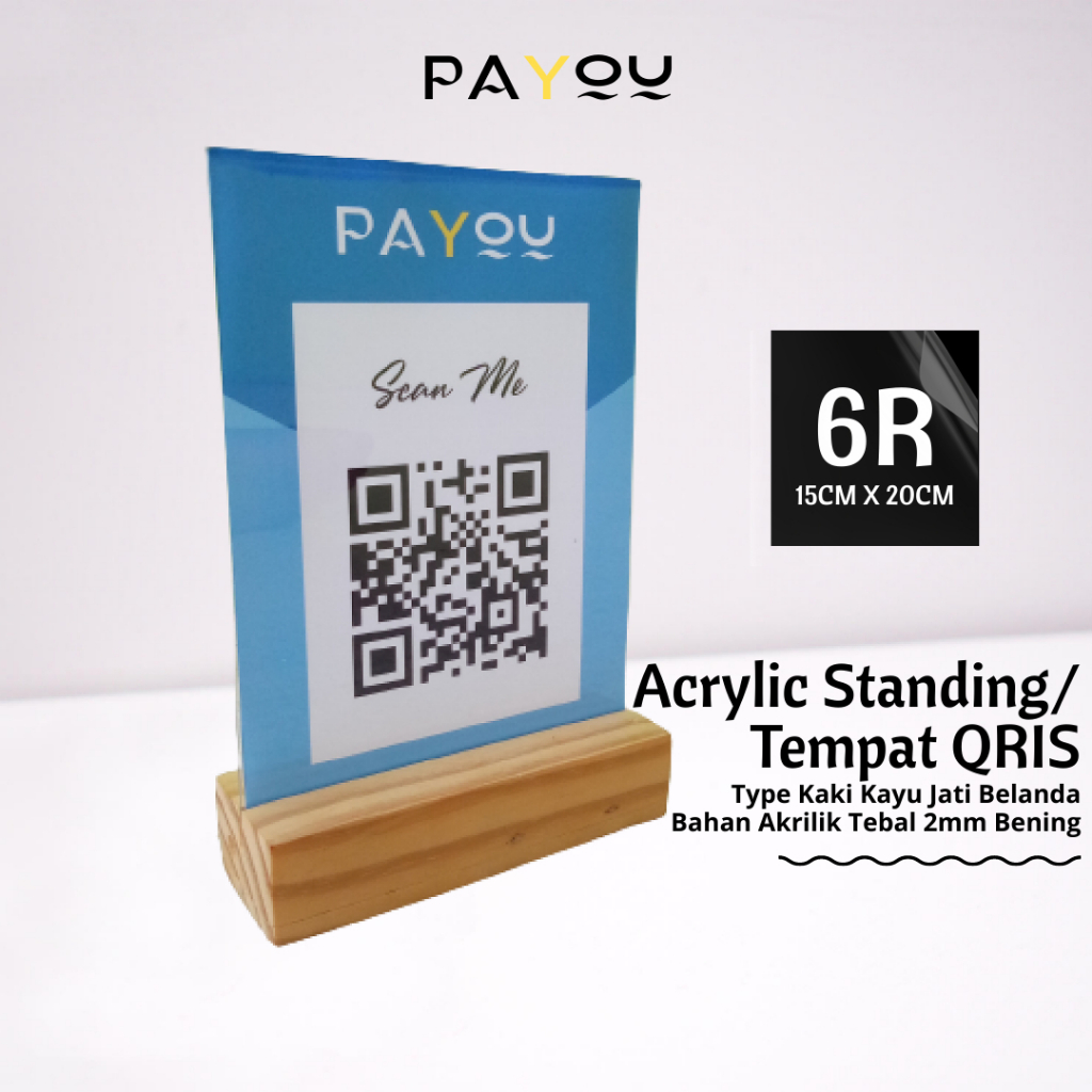 

Acrylic Standing/ Tempat QRIS/ Tempat Brosur/ Menu Cafe 6R Akrilik 2mm Type Kaki Kayu Jati Belanda