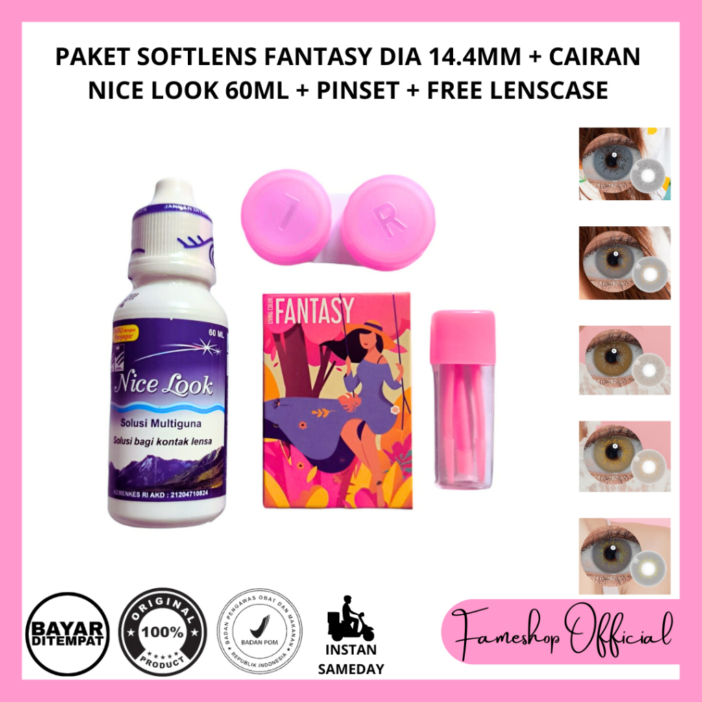 PAKET SOFTLENS FANTASY 14,4MM + CAIRAN SOFLENS NICELOOK 60ml + PINSET + FREE LENSCASE / PAKET HEMAT 4 IN 1 SOFLEN COD BAYAR DITEMPAT LENSA MATA