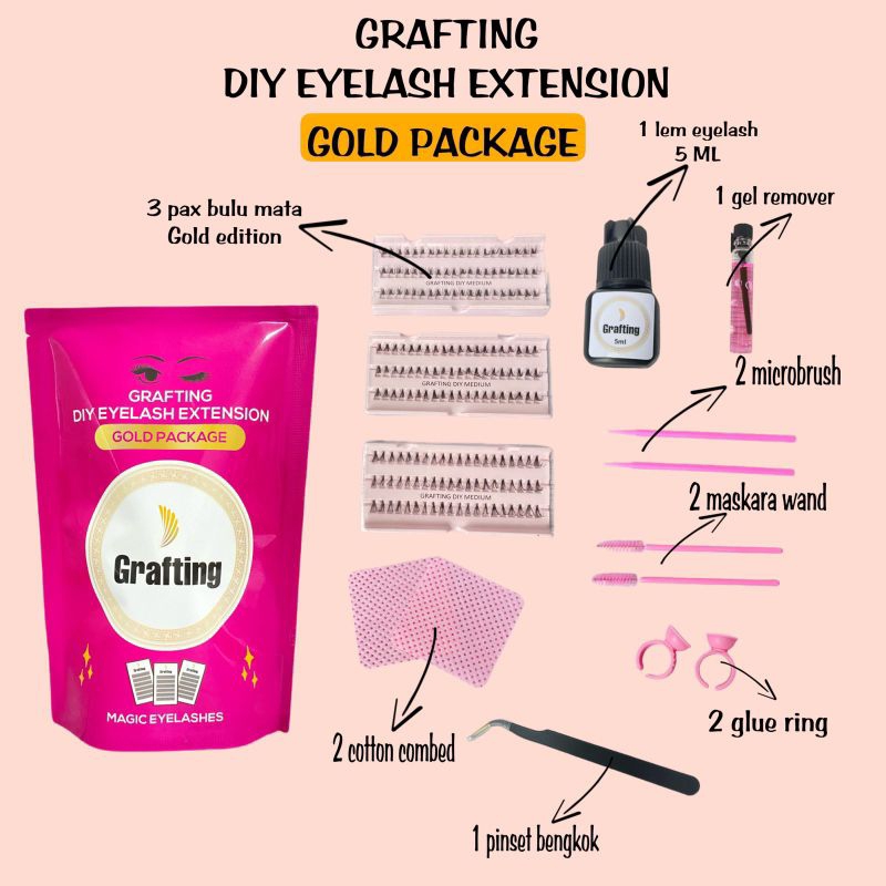 DIY GRAFTING LENGKAP PASANG SENDIRI Eyelash Extension (Gold Package) paket eyelash extensions DI RUMAH SUPER LENGKAP FREE EMAS untuk pemasangan sendiri anti ribet