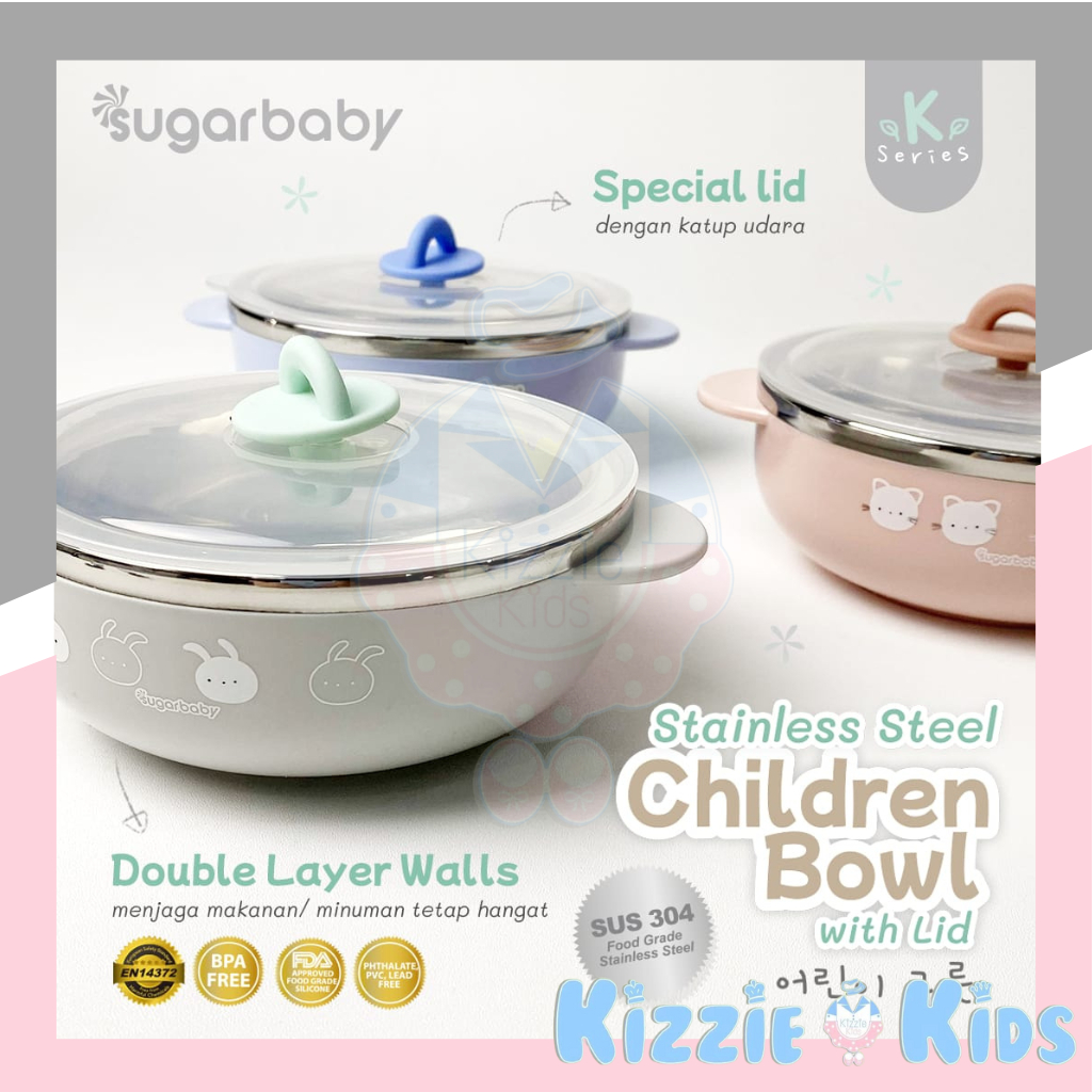 Sugar Baby Stainless Steel CHILDREN LUNCH BOX / BOWL witk LID / CUP with LID / SPOON &amp; FORK Set / Healthy SILICONE FEEDING SET