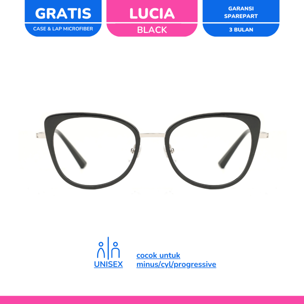 zonakacamata - The Cat Eye Lucia Black - Frame Kacamata - Pria/Wanita - Minus/Silinder/Plus