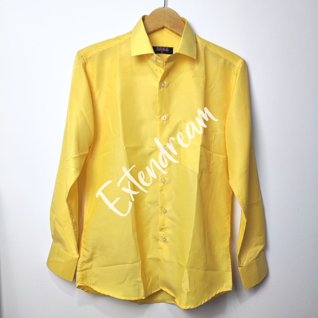 BMAX/W3SL3Y Kemeja Kerja Polos Pria Formal Warna Kuning Muda Lemon Tangan Panjang