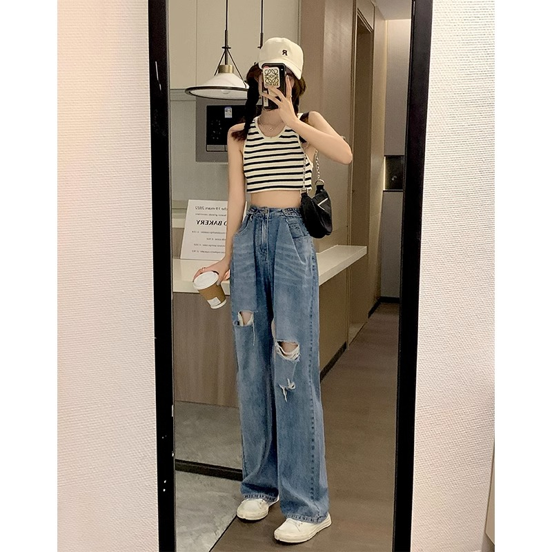 Biru Retro Highwaist Robek Celana Jeans Wanita Loose