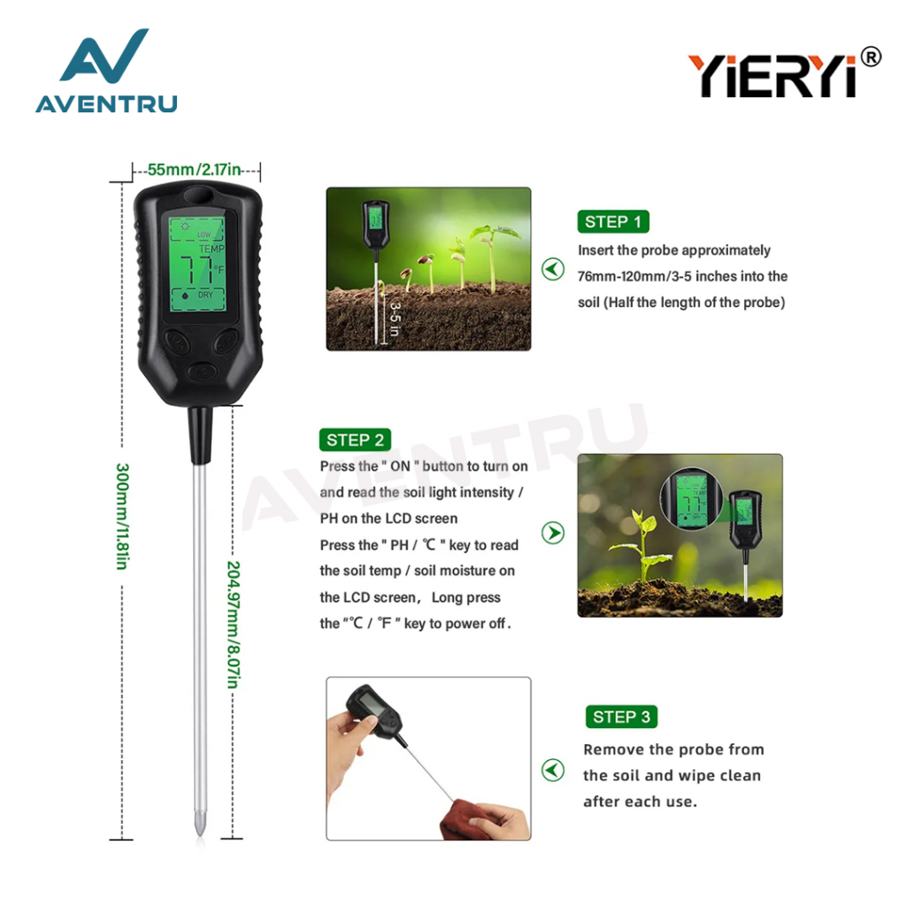 Soil Analyzer Alat ukur PH Cahaya Suhu Tester Meter Tanah 4in1