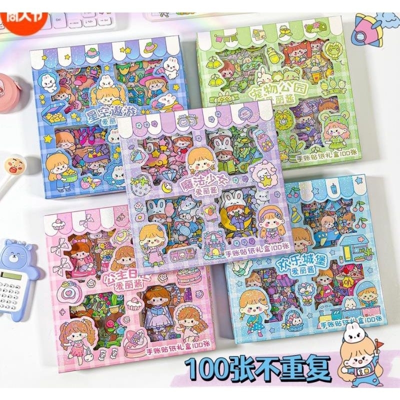 100 Lembar Stiker Motif Kartun korea Lucu Anti Air Wateproof Dekorasi Handbook Scrapbook DIY Stiker Anak Stiker Botol Minum Thumblr Buku Bahan PVC estetik Aesthetic Tempelan