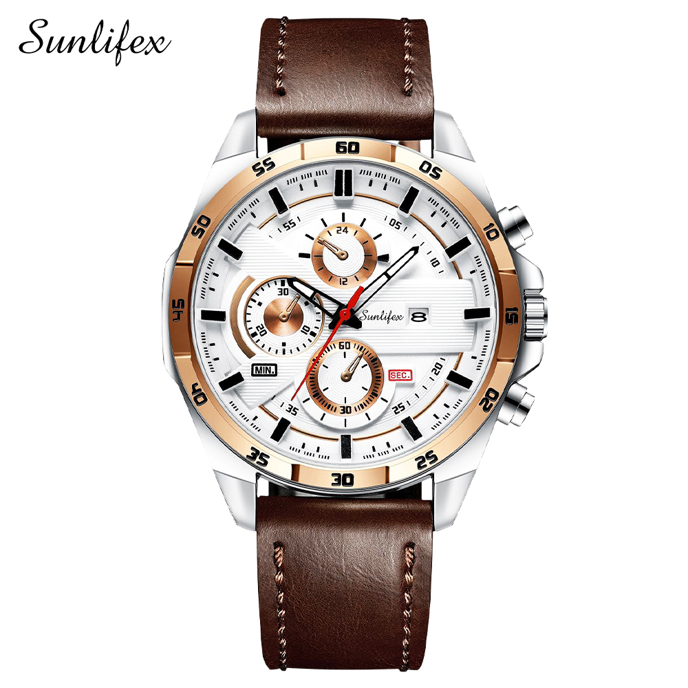 Sunlifex Jam Tangan Pria 9091 Kuarsa Tali Kulit Olahraga Mode Kalender Jam Tangan Cowok-BrownWhite