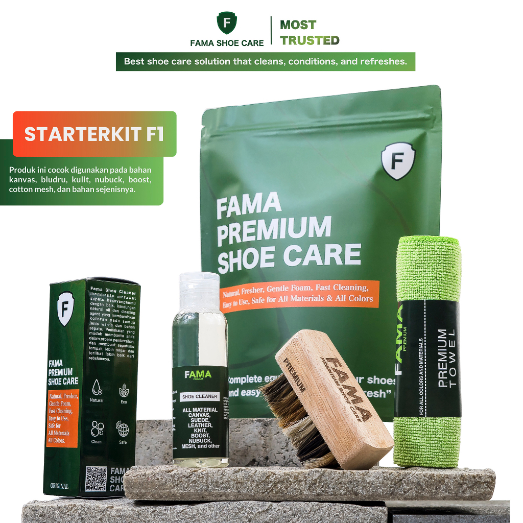 Fama Shoe Care - Starterkit F 1 - Varian Sikat Bulu Kuda - Paket Laundry Sepatu - Paket Cuci Sepatu - Sabun Sepatu - Fama Shoes Cleaner - Shoe Cleaner