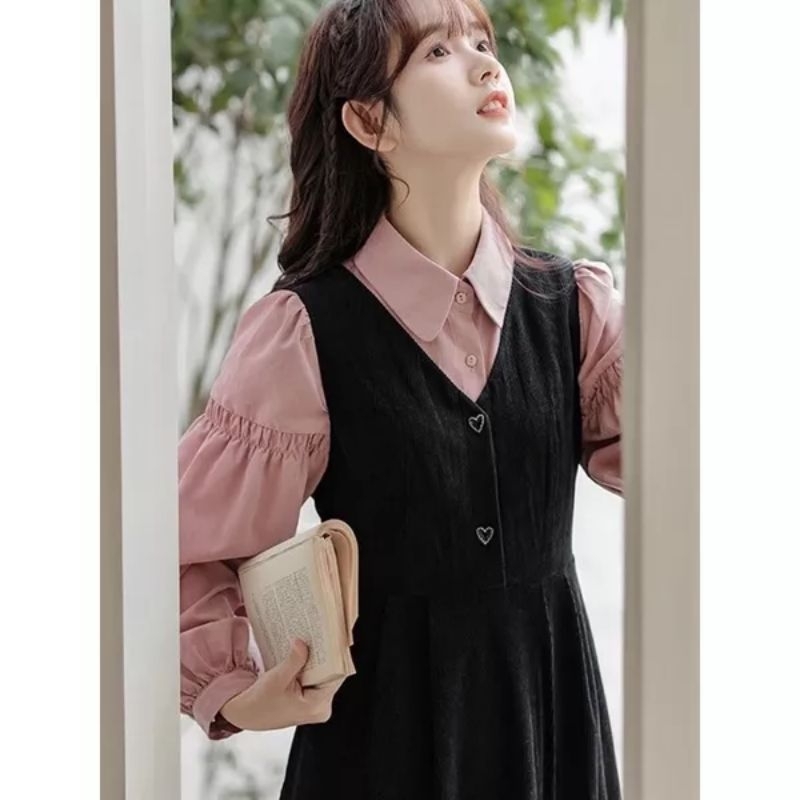 New Style CORDUROY KOREAN STYLE FRENCH BLACK DRESS MIDI DRESS KOREAN STYLE MIDI ROMPI KOREAN STYLE D