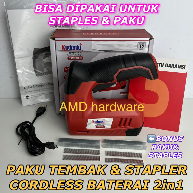 

MESIN PAKU TEMBAK & STAPLER CORDLESS BATERAI 2in1 NAILER STEPLES KODENKI F30 J1022 air staples charger usb