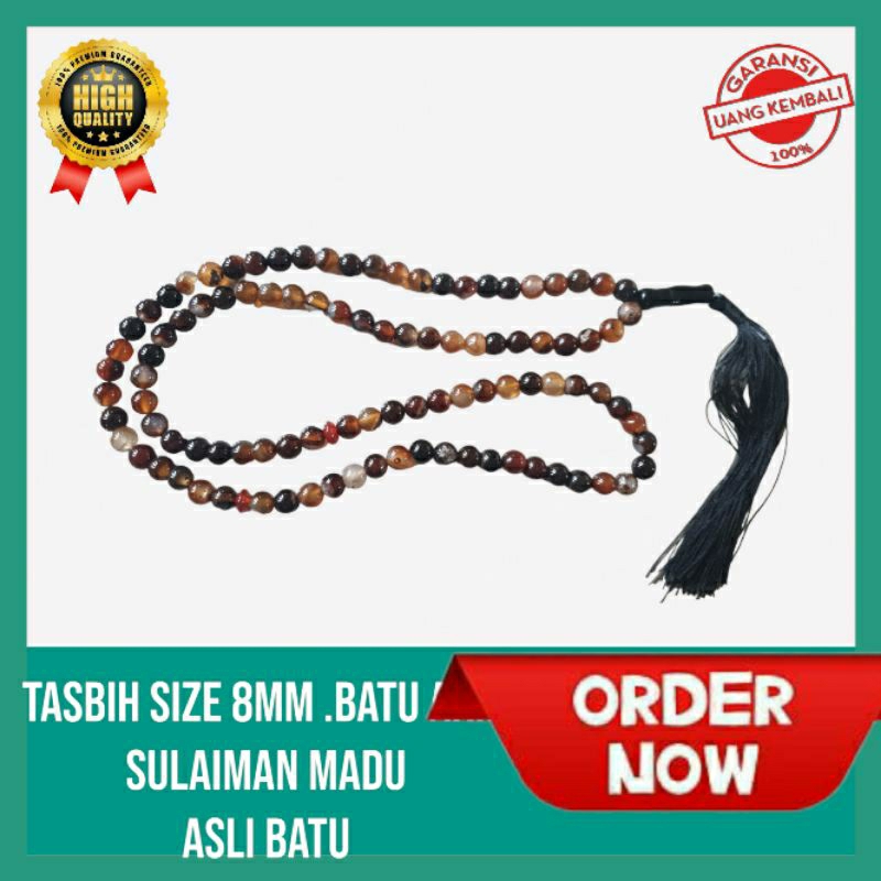 Tasbih akik sulaiman  madu .Tasbih   batu akik asli isi 99 butir size 8mm