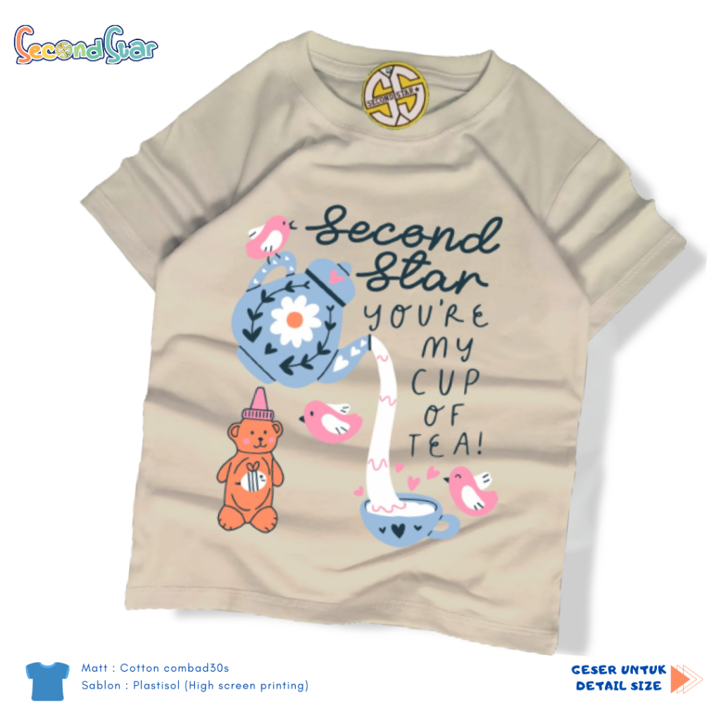 Second Star baju anak Laki-laki perempuan  Kaos oblong 1 - 12 tahun poci