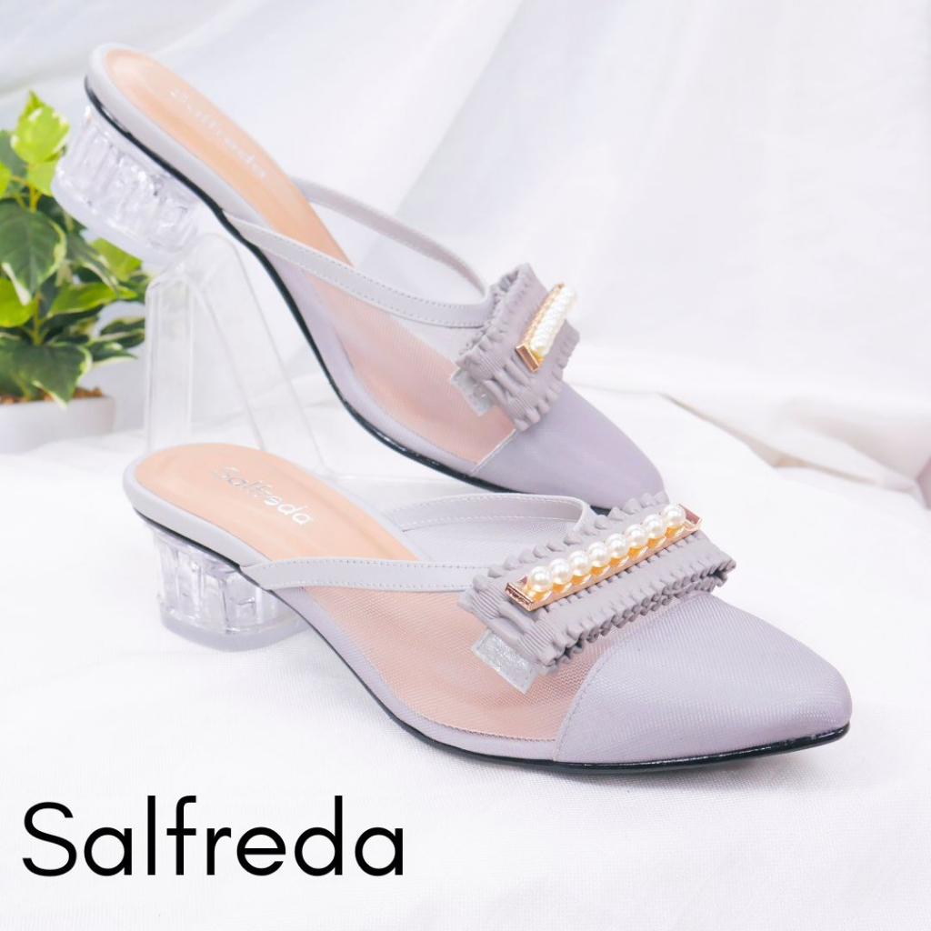 Sandal Sepatu Impor Korea Wanita Pesta Terbaru Kondangan Elegan Mewah Gray Abu Import Hak Heels 3 cm Kaca Pernikahan Wedding Kantoran RB70089