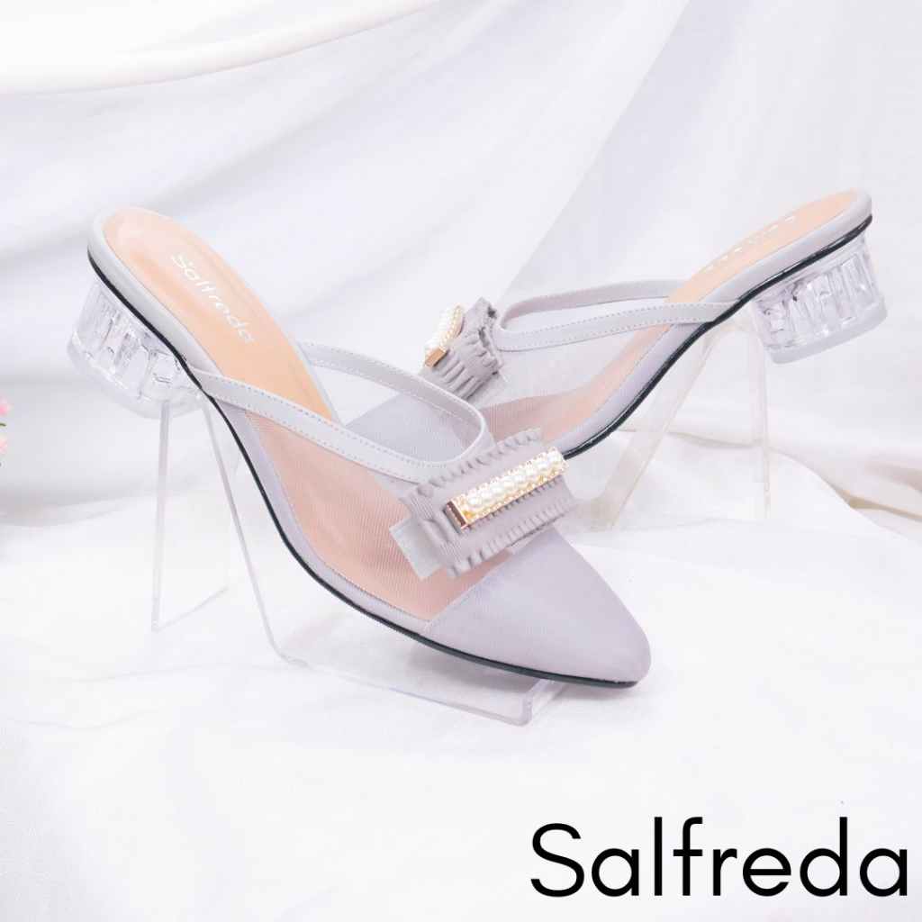 Sandal Sepatu Impor Korea Wanita Pesta Terbaru Kondangan Elegan Mewah Gray Abu Import Hak Heels 3 cm Kaca Pernikahan Wedding Kantoran RB70089