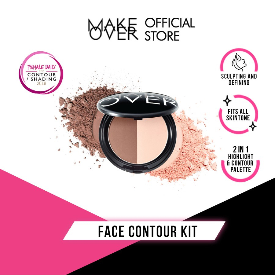 MAKE OVER Face Contour Kit Indonesia / Contour &amp; Highlight 14g / Sculpting And Difining Fits All Skintone Highlight &amp; Contour Palette / Easy To Blend Pigmented Colors Brush Applicator / Cosmetic Makeup Series / Highlighter Bronzer Shading Powder Palette