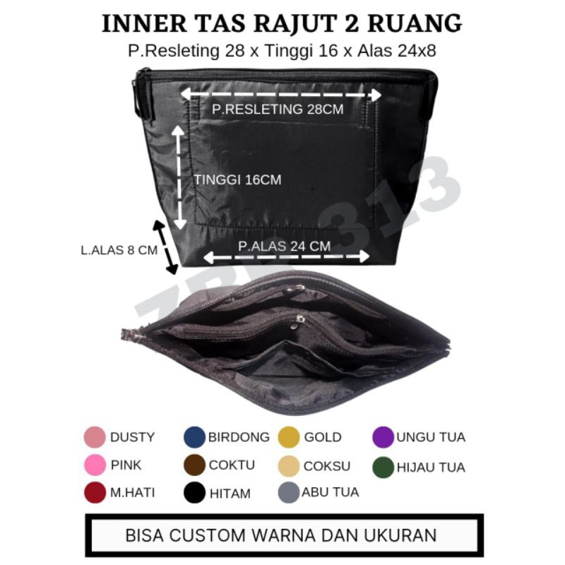 Iner tas instan/Furing tas/dompet 2 Ruang (P.Resleting 28 x Tinggi 16 x Alas 24x8)