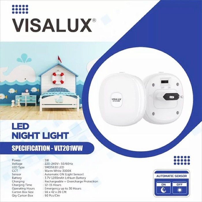 Lampu Tidur 2IN 1 Visalux VLT201WW Sensor Cahaya Plus Lampu Emergency