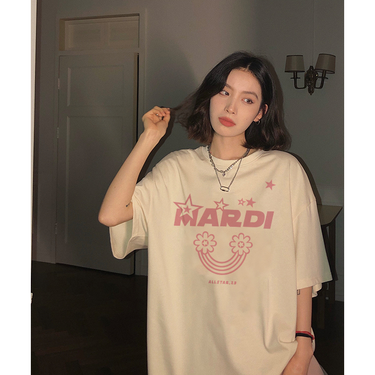 EUNII T-shirt Lengan Pendek Cartoon Pink Mardi Flowers Korean Style/Kaos Atasan Wanita/Baju Kaus Oversize Wanita/Kaos Wanita