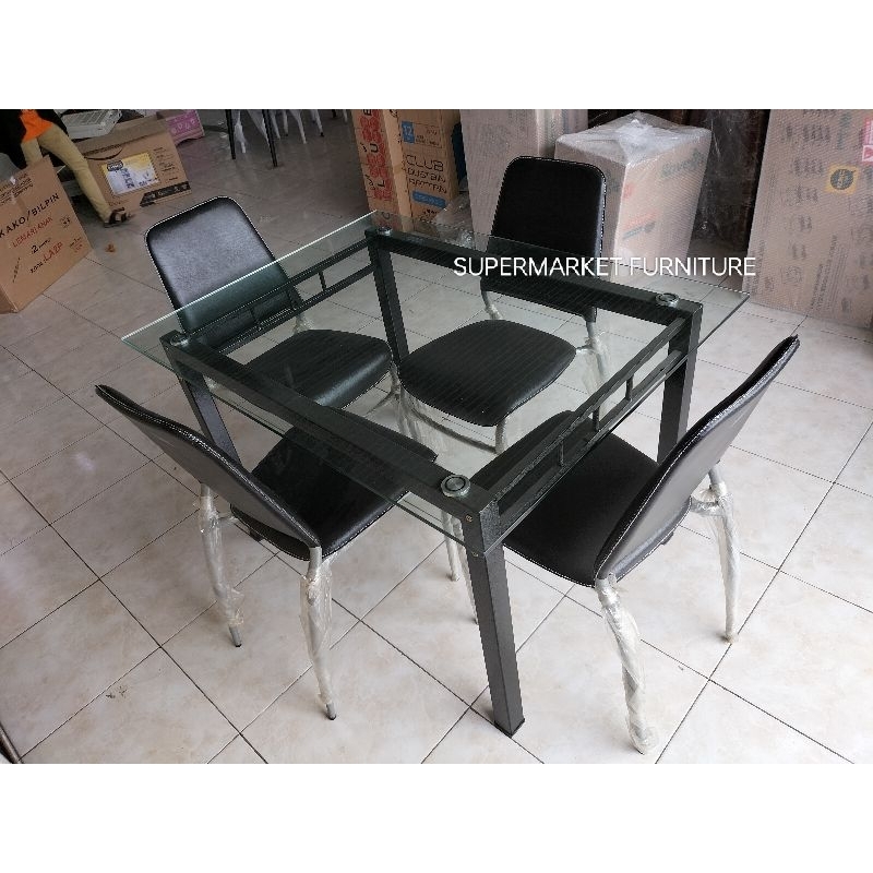 SET MEJA MAKAN MEWAH 4KURSI HITAM KACA BENING