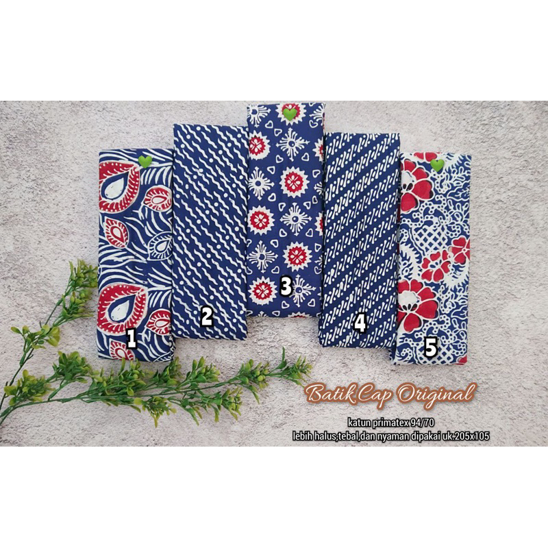 kain batik cap warna biru navi kombinasi merah cabai