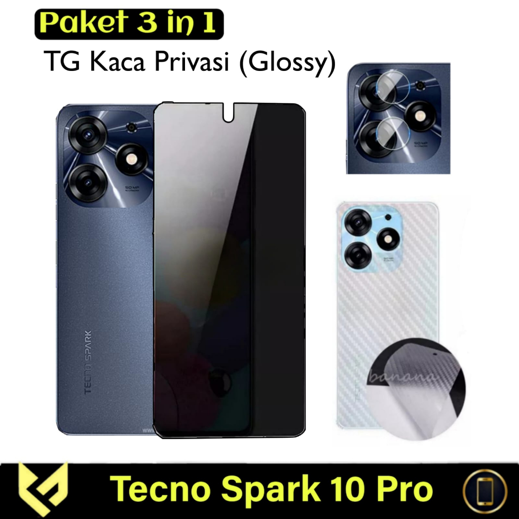 PROMO Paket 3IN1 For TECNO SPARK 10 PRO Anti Gores Layar Free Lens Camera &amp; Skin Carbon Anti Gores Jamur Body Belakang Handphone