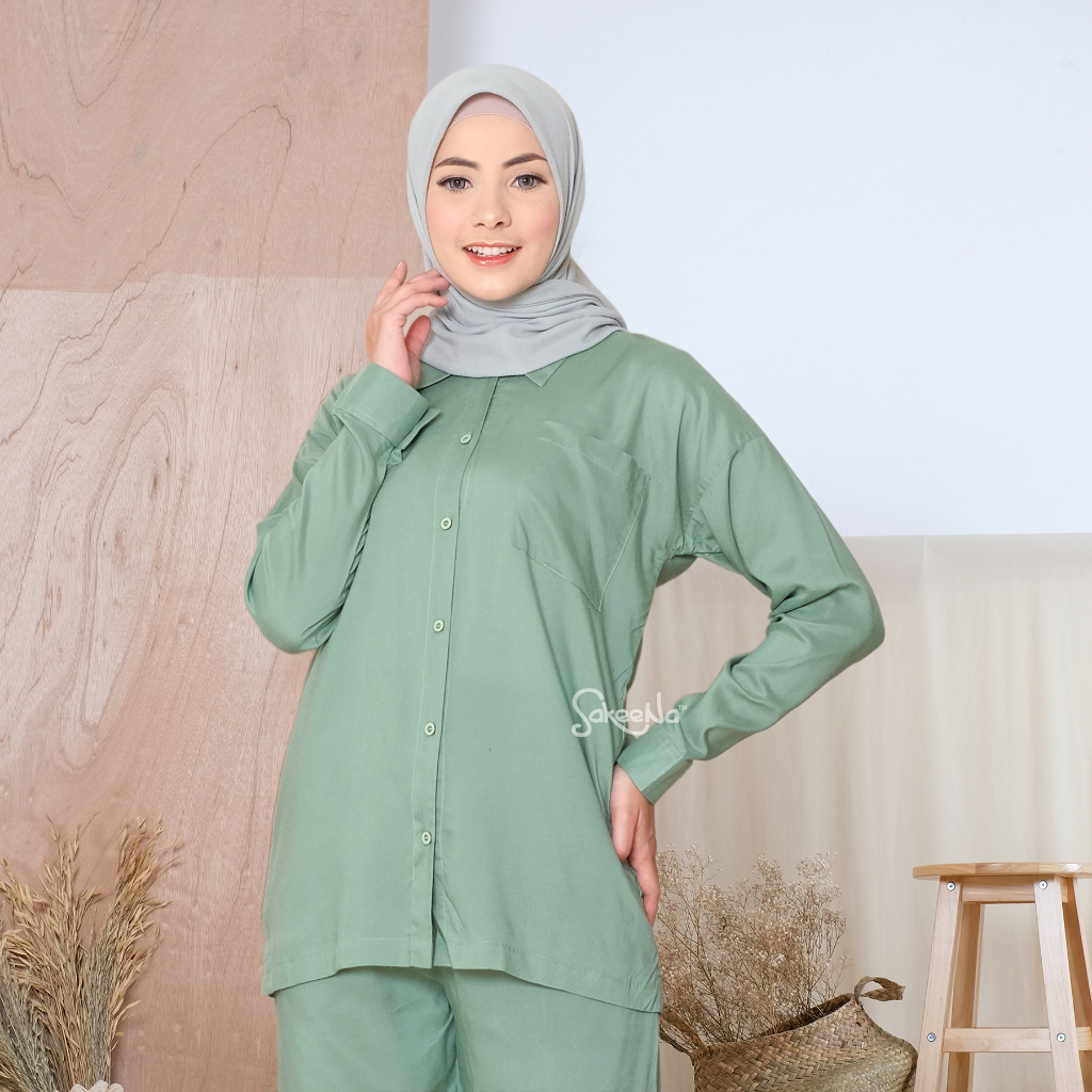 SAKEENA Pajamas Set Kemeja Dewasa Katun Rayon Polos Lengan Panjang