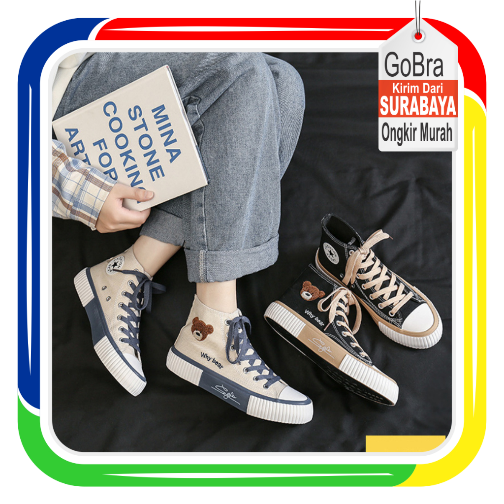 Gobra ♕ SEP032 (Tanpa Kotak) Sepatu Sneakers Wanita Why Bear Kanvas Sporty Model Korea Fashion Casual Sport Olahraga Import COD