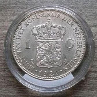 Koin Perak 1 Gulden 1929 Wilhelmina (Masih Lustre)