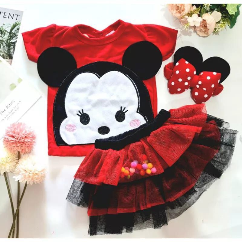 [0-18M] FREE BANDO !! Setelan Rok tutu gotik fashion anak bayi perempuan Pink Tutu TSUM TSUM POMPOM MINNIE MOUSE FREE BANDO/ hampers gift baby girl / setelan rok tutu bayi premium megar