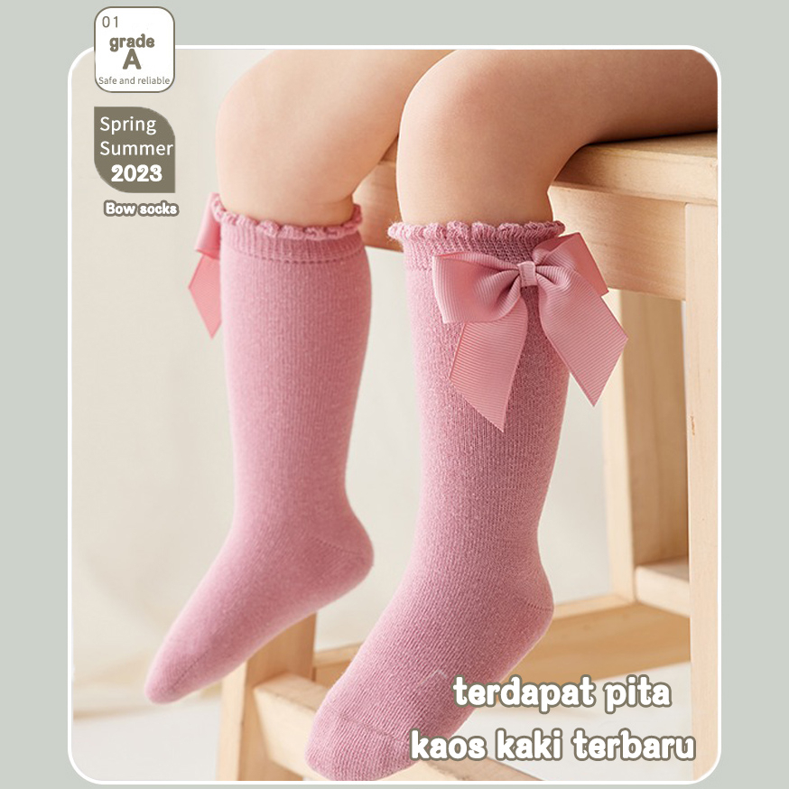 （0-7）Katun murni Kaos kaki panjang good quality selutut dengan aksen pita Kaos Kaki Panjang anak bayi Kaus Kaki anak bayi perempuan Baby Socks cocok untuk anak perempuan