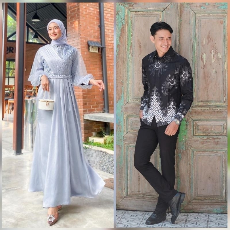 BATIK EXPRESS - Couple Gamis Nadira Brukat Tulle Mutiara Couple Dress Kondangan Lamaran Baju Couple Lebaran Adeeva Amira Maxi Dress Modern