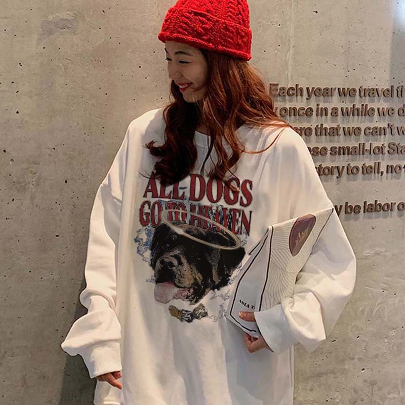 Kaos Stasan Wanita Oversize Sweater American Vintage Cartoon Graphic Dog Priting Top Kekinian Casual Sweater