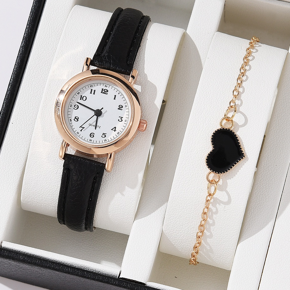 2PCS Small Dial Women's Quartz Watch + Gelang Tali Kulit Fashion Retro In Jam Tangan Wanita（No Box）