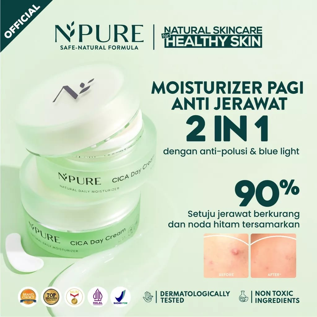 Npure Day &amp; Night Cream Centella Asiatica 15 Gram - Cica Acne Series (Krim Siang &amp; Malam) - Skincare Krim Pagi Sleeping mask Mousturizer CTMP