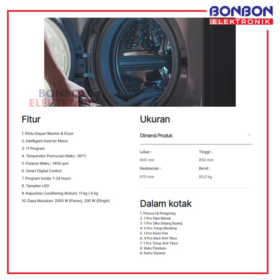 Modena Mesin Cuci Front Loading 11 kg WD 1157 / WD1157 Washer &amp; Dryer
