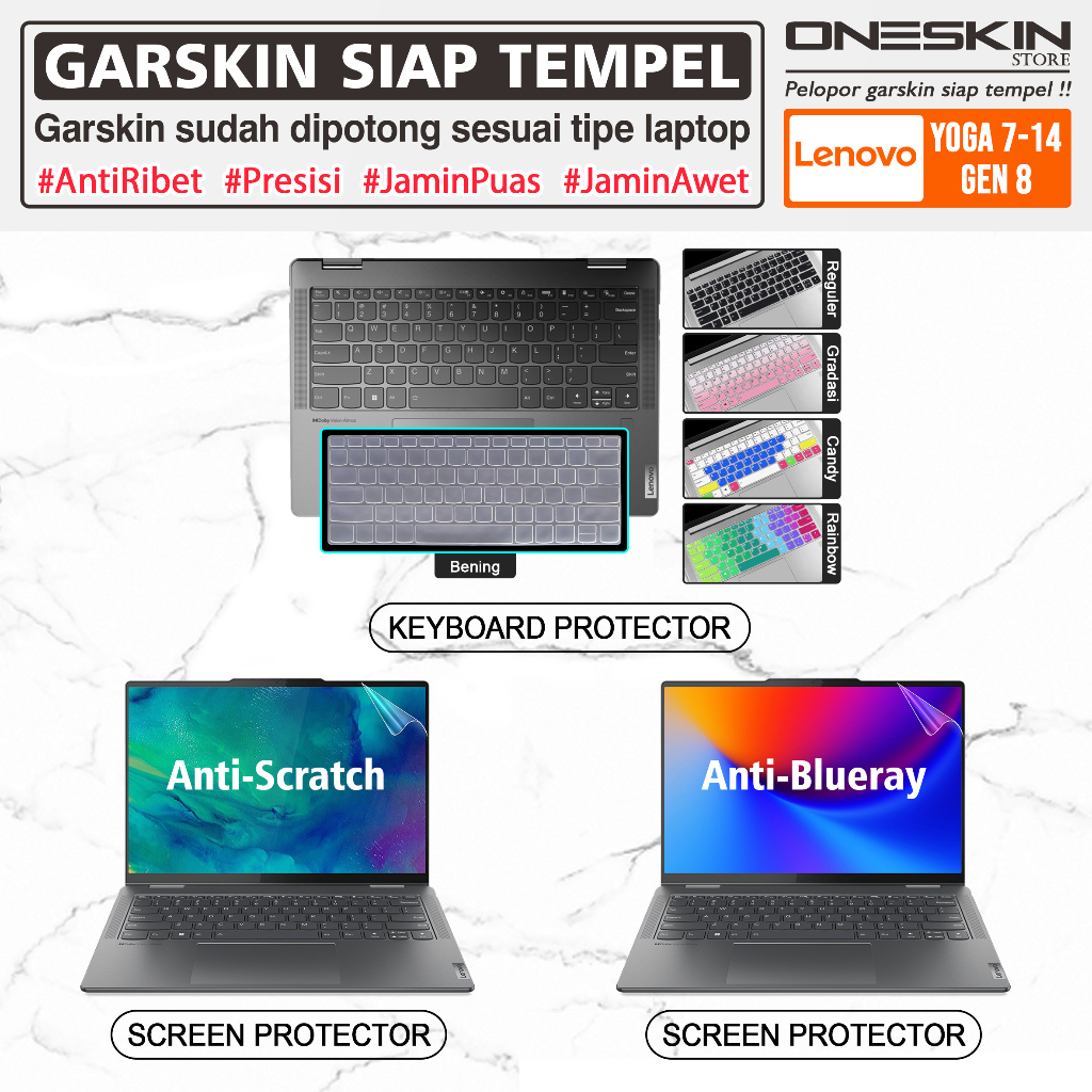 Garskin Sticker Laptop Pelindung Screen Keyboard Protector Lenovo Yoga 7 7i-14 14ARP8 14IRL8 Gen 8 Gambar Full Body Silikon Bening Glossy Doff Blueray