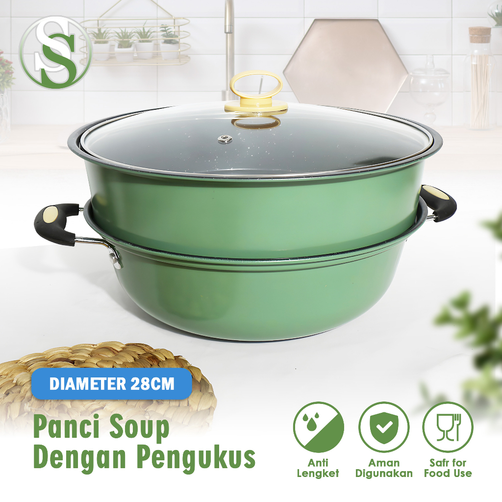 Panci Kukus Set Stainless Steel A83 Panci Sup Steamer Ikan Bakpao Siomay 2 Susun 28Cm Tebal Panci Steam Makanan Stainless Steel Steamer Berkualitas