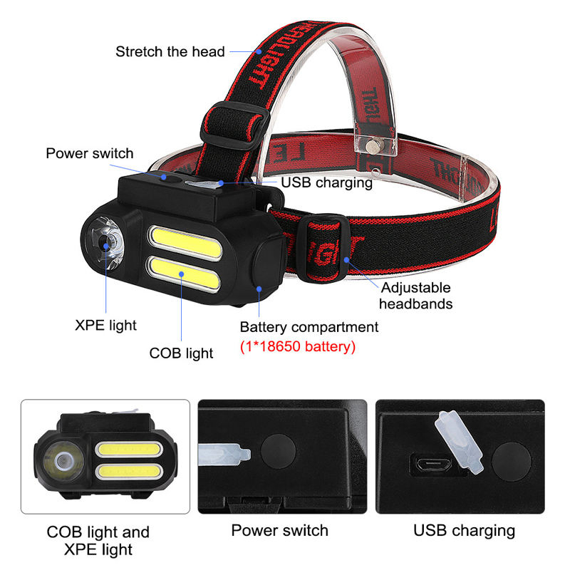 Senter Kepala Headlamp Outdoor LED XPE+2xCOB Cool White