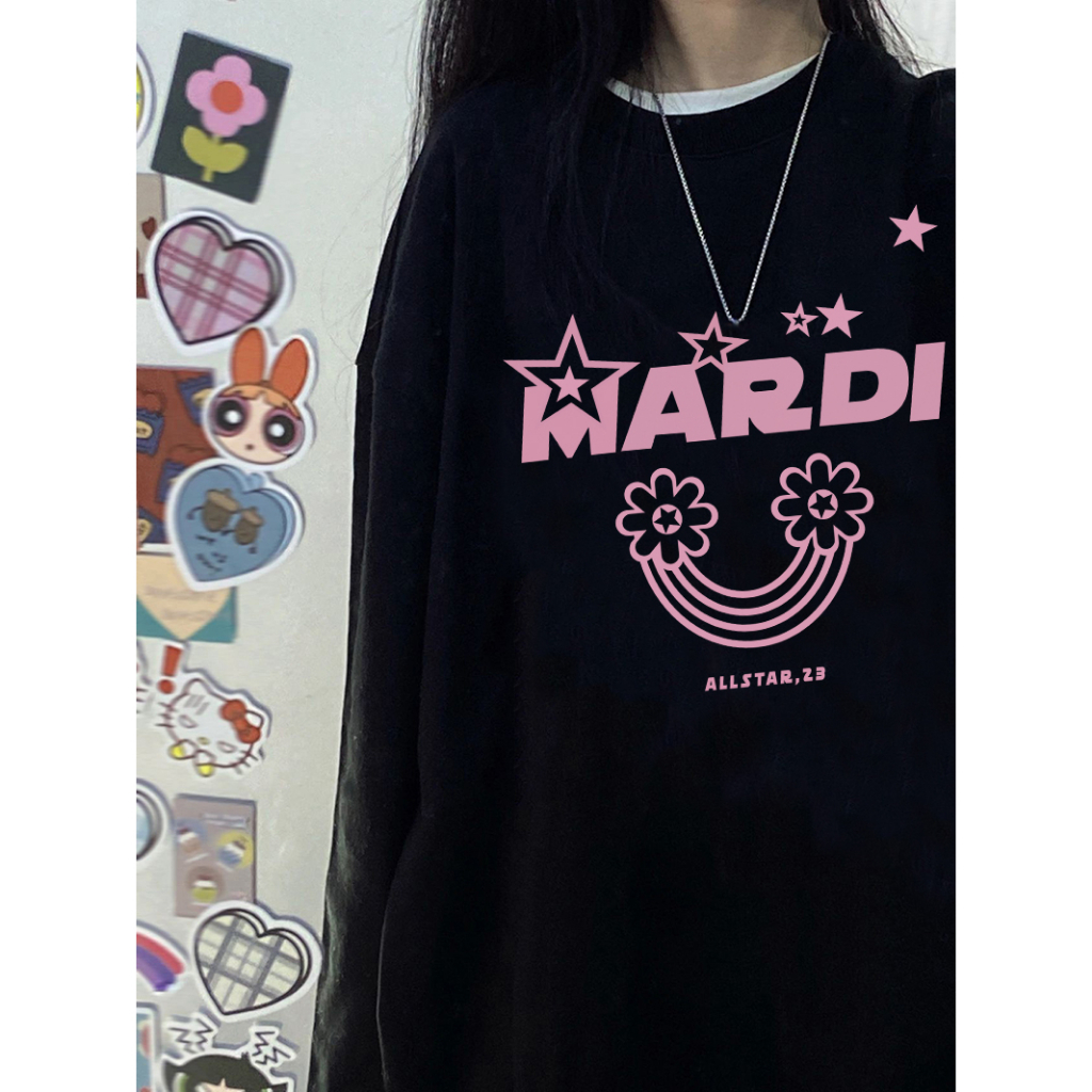 EUNII Sweater Lengan Panjang Cartoon Pink Mardi Star Printing Korean Style/Sweater Crop/Baju Wanita/Switer Wanita/Switer