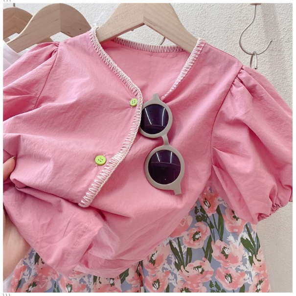 SET ANAK CEWEK CASUAL HOTPANTS PINK BUNGA ROSE PINK FLOWER SIZE 100-140