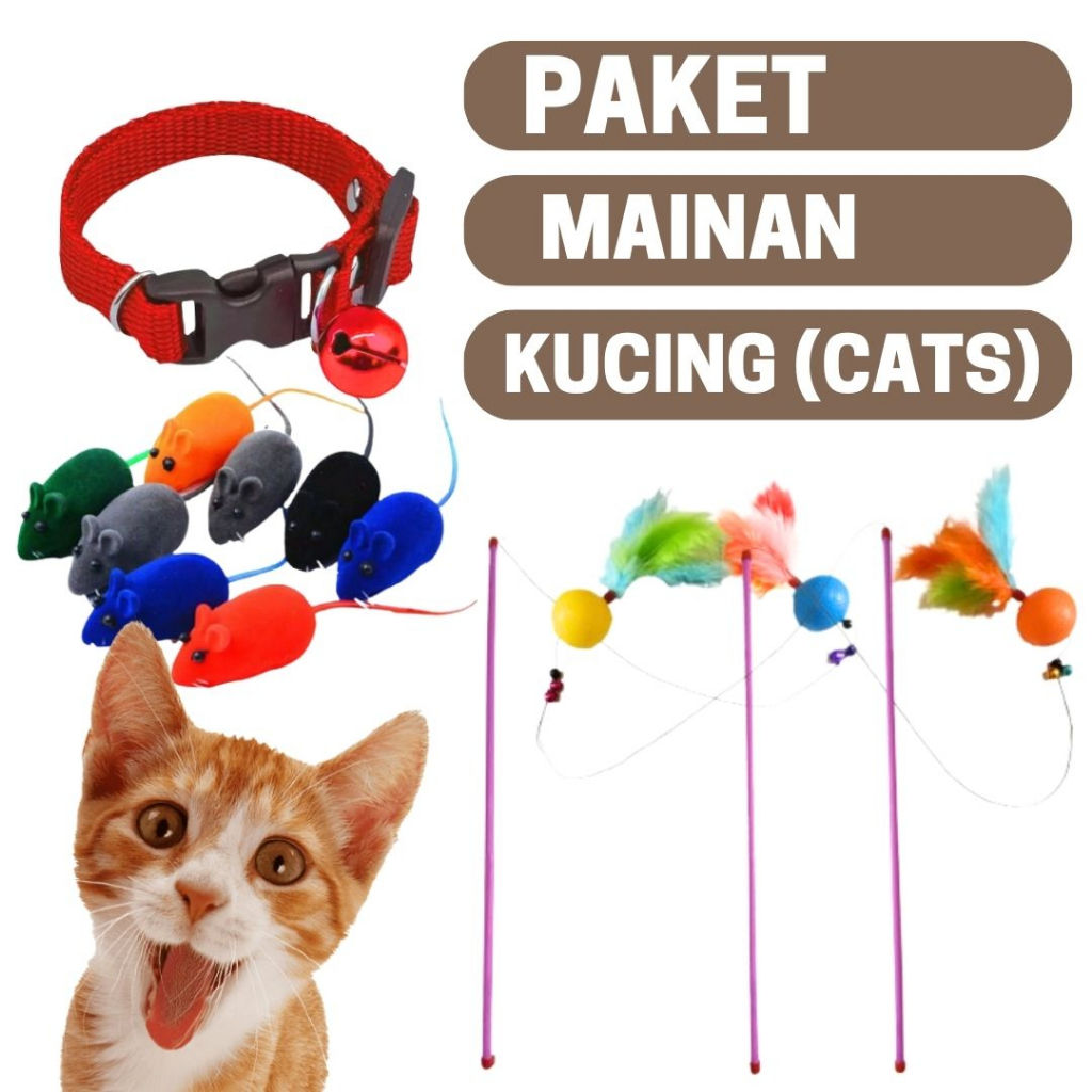 Paket Mainan Kucing Murah Stik Bulu Tikus-tikusan + Kalung Kucing Polos FEFARM