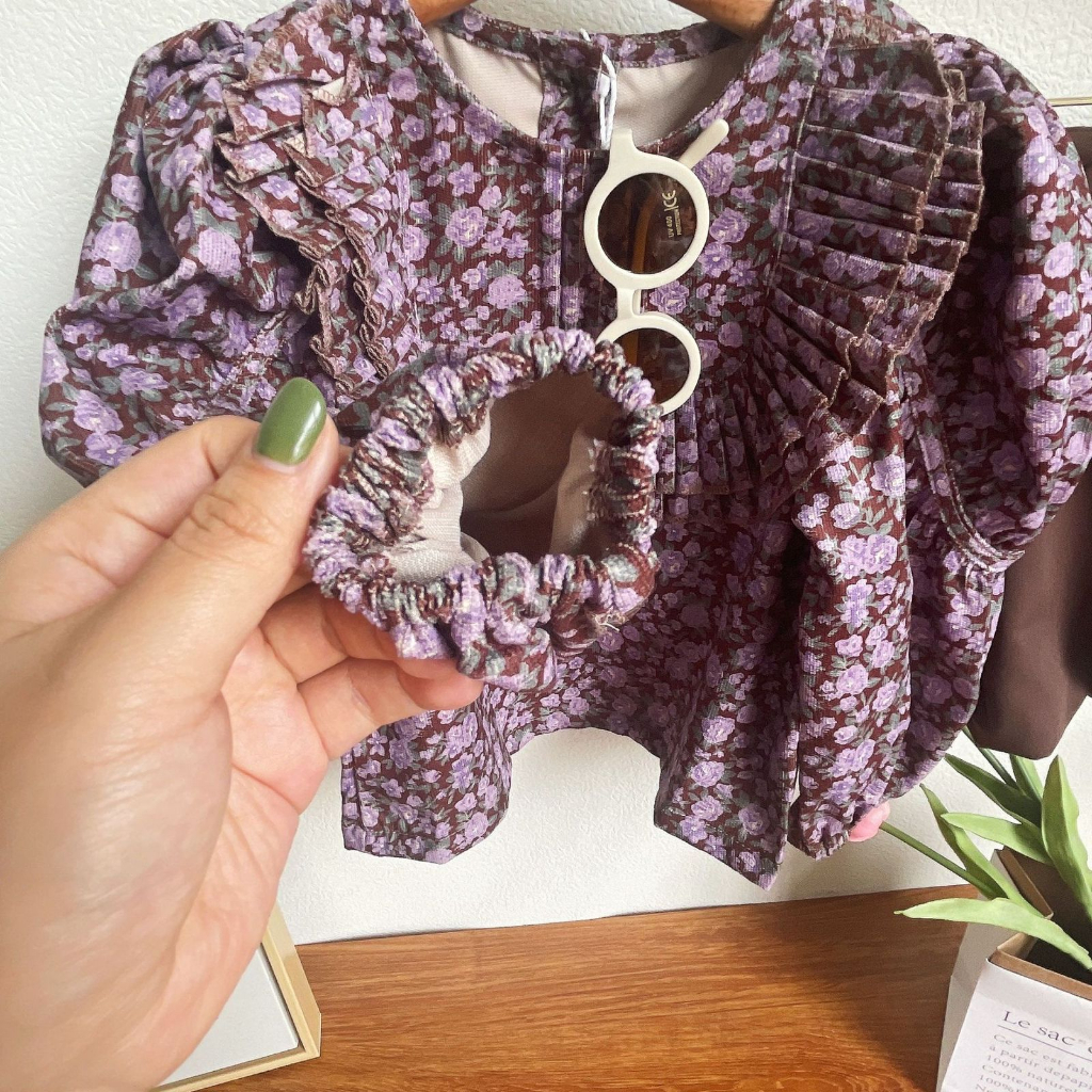 Setelan Coklat Anak Perempuan Motif Bunga Ungu