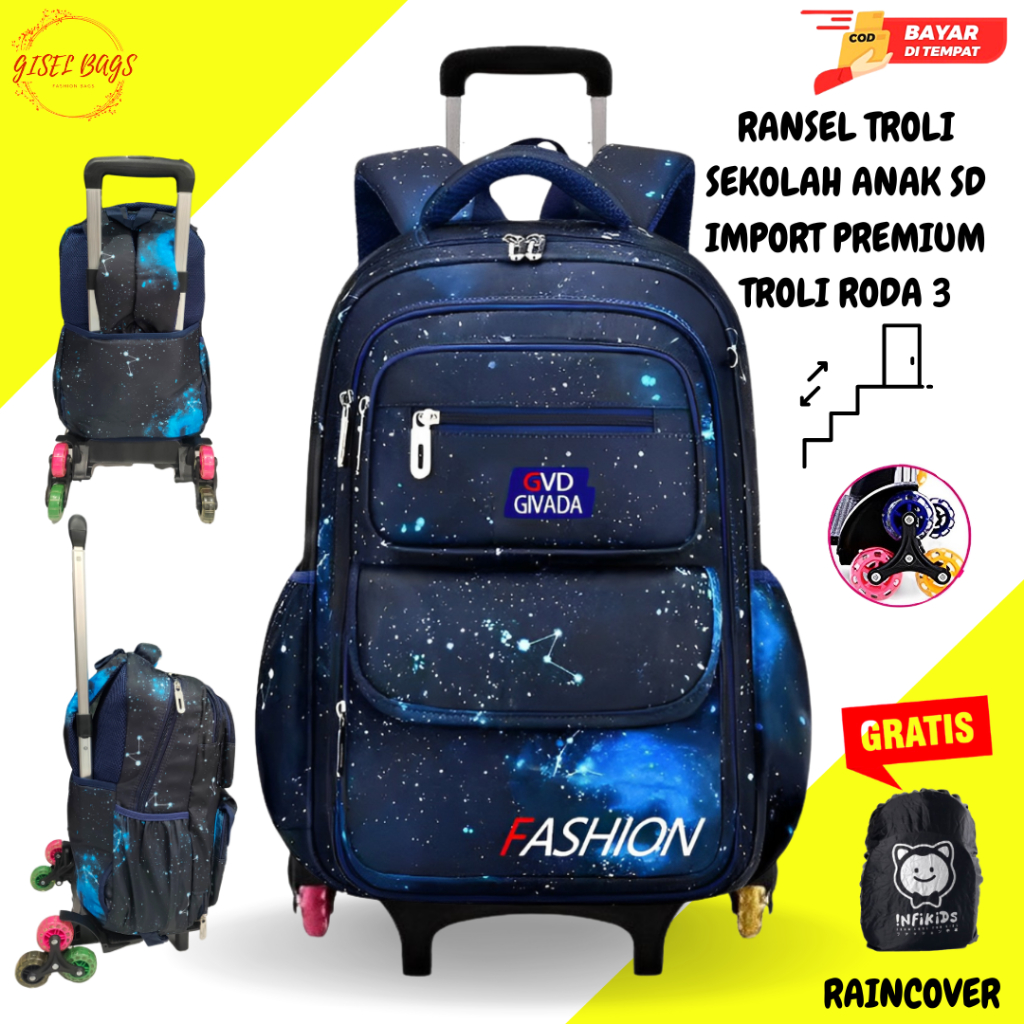 Tas ransel troli sekolah anak laki laki sd lipat Roda 3 Gagang 2 import buka depan anti air terbaru