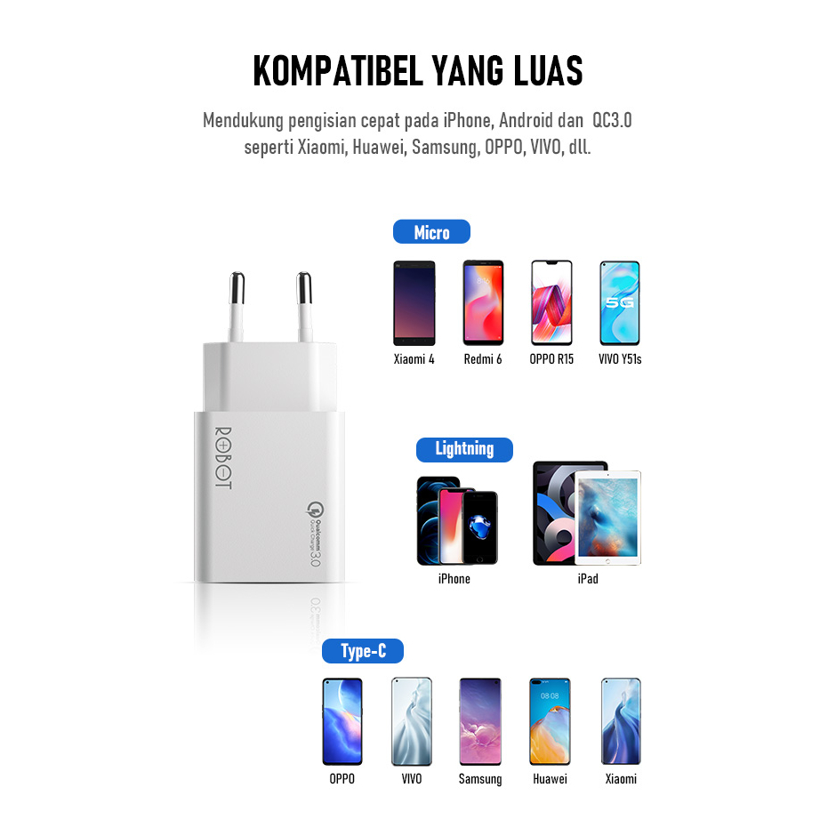 ROBOT Charger RT-L1 Single Port Quick Charging Original Micro USB Type C Lightning - Garansi 1 Tahun