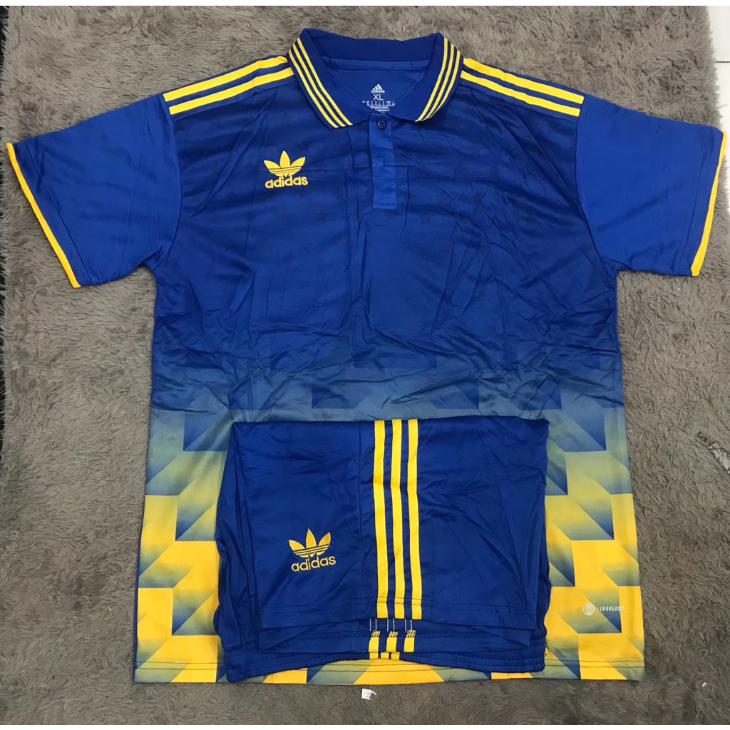 FULL SET BAJU FUTSAL SEPAK BOLA BIRU LIST KERAH KUNING IMPORT GO