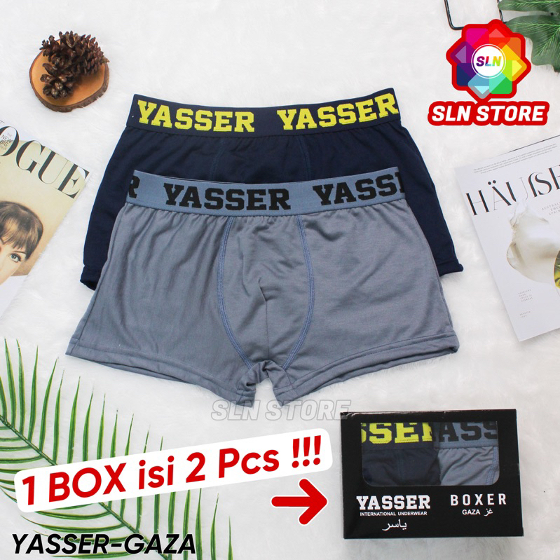 ( 2 Pcs ) CELANA DALAM BOXER PRIA YASSER GAZA BOX CD LAKI LAKI PREMIUM SPANDEX BOX ISI 2 Pcs