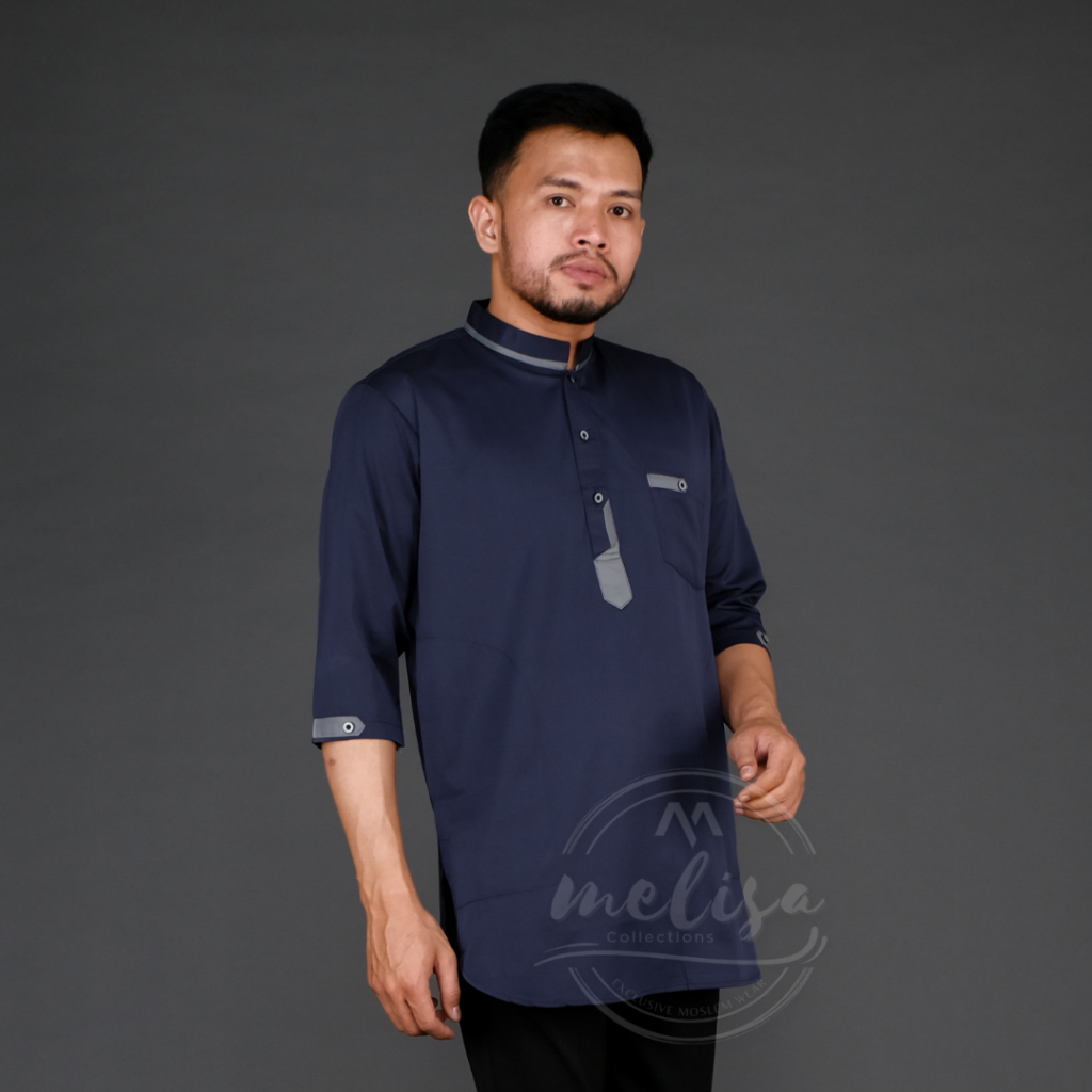 Baju Koko Pria Kurta Lengan pendek 3/4 Bahan Katun Tesla Premium Warna Biru Navy Baju Muslim Pria