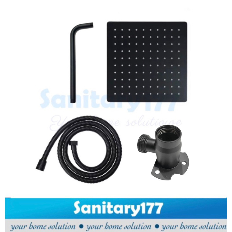 Paket bundling Wall shower Rainfall stainless kotak 20cm inch Komplit + Pipa 20cm &amp; bracket Tee tanpa bobok hitam black instalasi luar shower tembok 8 inch